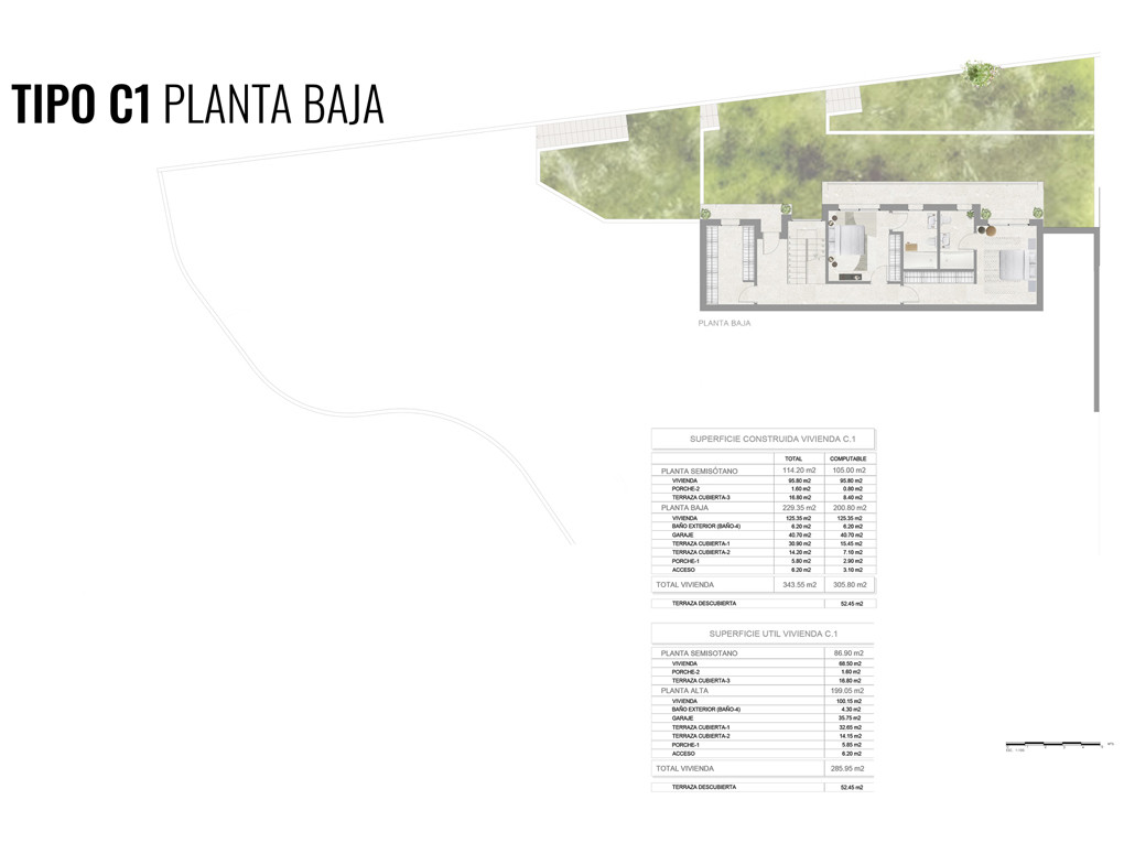 Plano detallado de la planta baja (Tipo C1), mostrando la distribución de estancias, escaleras y áreas verdes adyacentes. Incluye tablas de superficies construidas y útiles. Plano detallado de la planta baja (Tipo C1), mostrando la distribución de estancias, escaleras y áreas verdes adyacentes. Incluye tablas de superficies construidas y útiles.