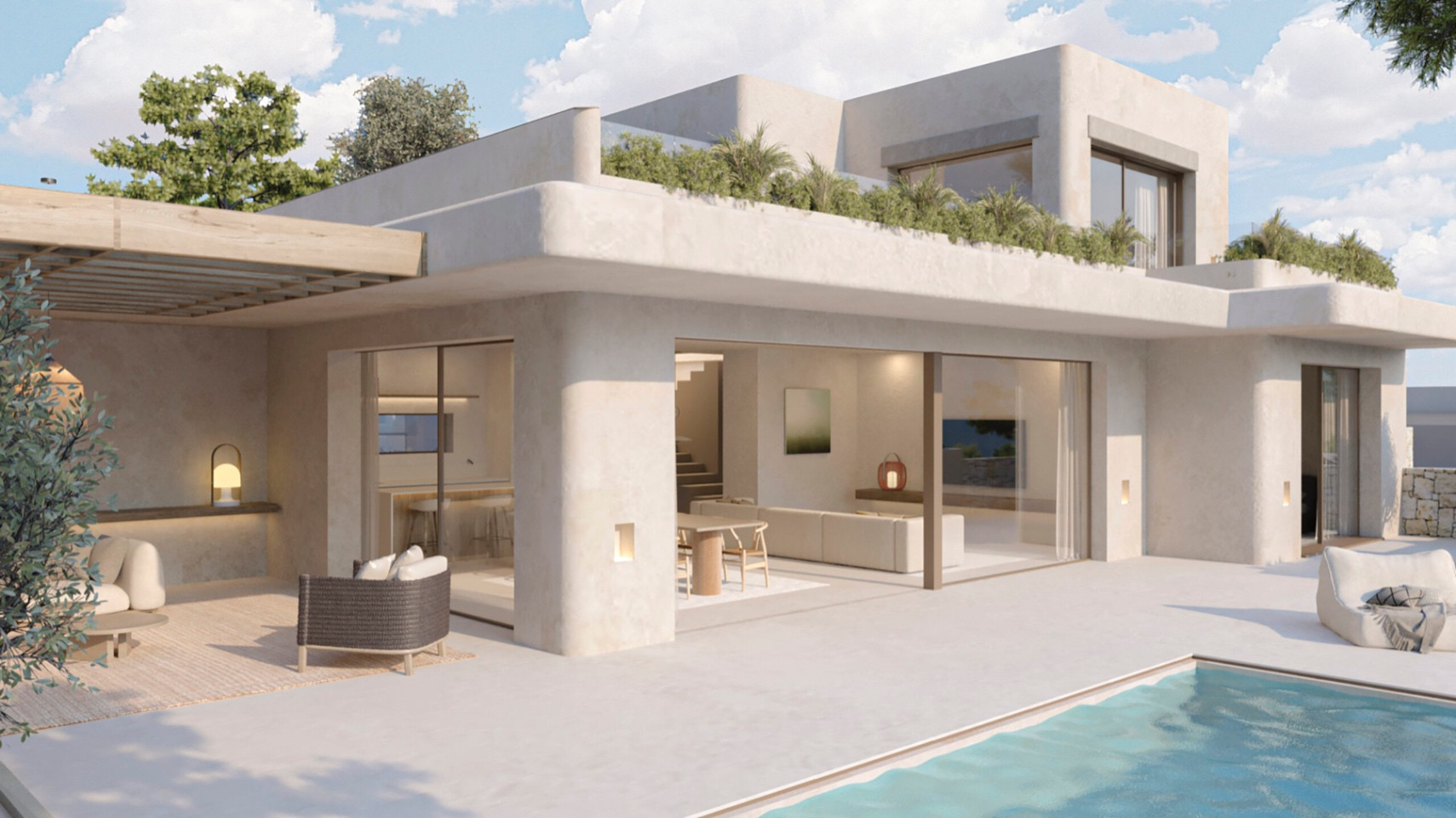 Vista exterior de villa contemporánea con piscina privada. Destaca la terraza con pérgola de madera, zona lounge exterior y amplios ventanales que conectan con el interior diáfano. Vista exterior de villa contemporánea con piscina privada. Destaca la terraza con pérgola de madera, zona lounge exterior y amplios ventanales que conectan con el interior diáfano.