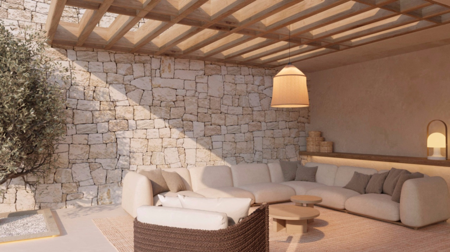 Zona de estar exterior con pared de piedra natural, pérgola de madera y un gran sofá esquinero. La iluminación ambiental y el mobiliario moderno crean un espacio acogedor. Zona de estar exterior con pared de piedra natural, pérgola de madera y un gran sofá esquinero. La iluminación ambiental y el mobiliario moderno crean un espacio acogedor.