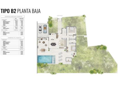 Plano de la planta baja (Tipo B2) de la villa, mostrando una distribución abierta con salón, comedor y cocina. Incluye piscina privada, terraza, jardín y garaje para dos vehículos.