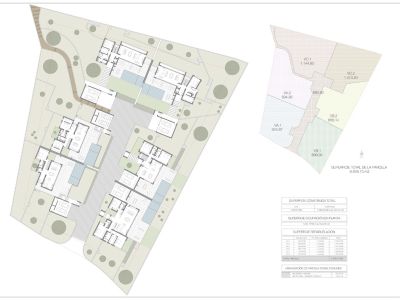 Plano maestro que detalla la distribución de varias villas, parcelas individuales, zonas comunes y sus respectivos planos de planta.