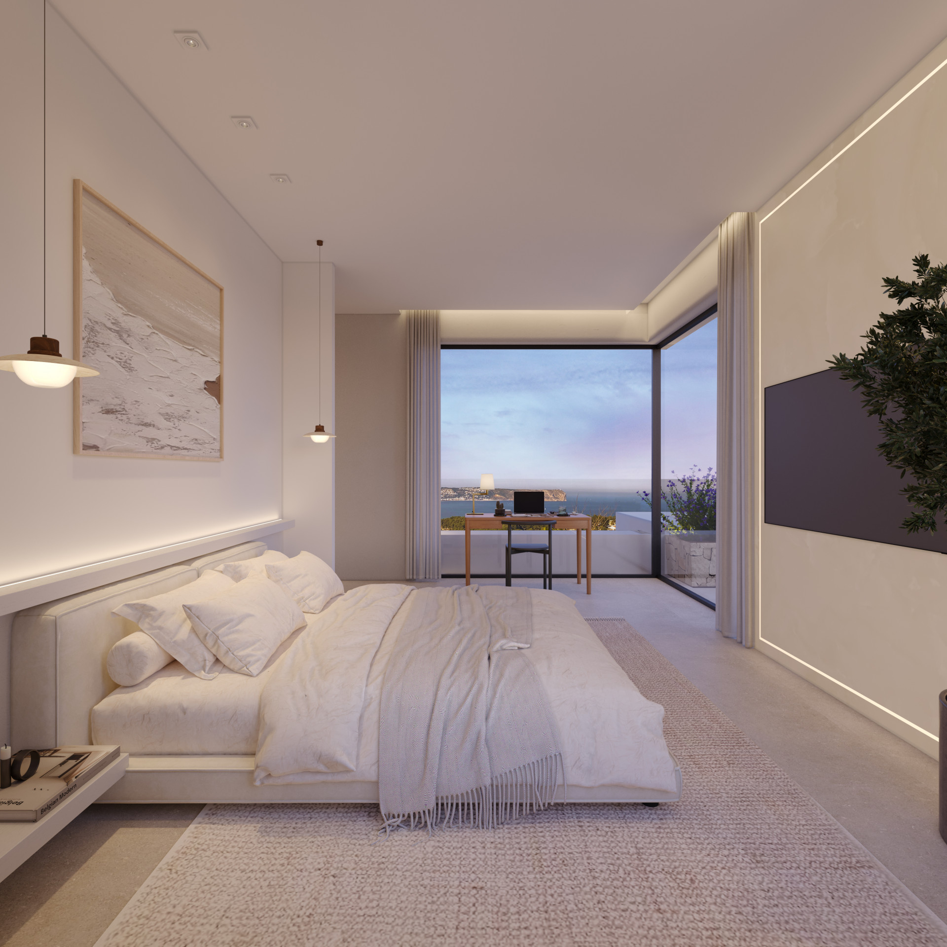 Amplio dormitorio con cama king-size, iluminación integrada y escritorio moderno. Ventanales de suelo a techo ofrecen vistas panorámicas al mar y la costa, complementado con TV y luz ambiental. Amplio dormitorio con cama king-size, iluminación integrada y escritorio moderno. Ventanales de suelo a techo ofrecen vistas panorámicas al mar y la costa, complementado con TV y luz ambiental.