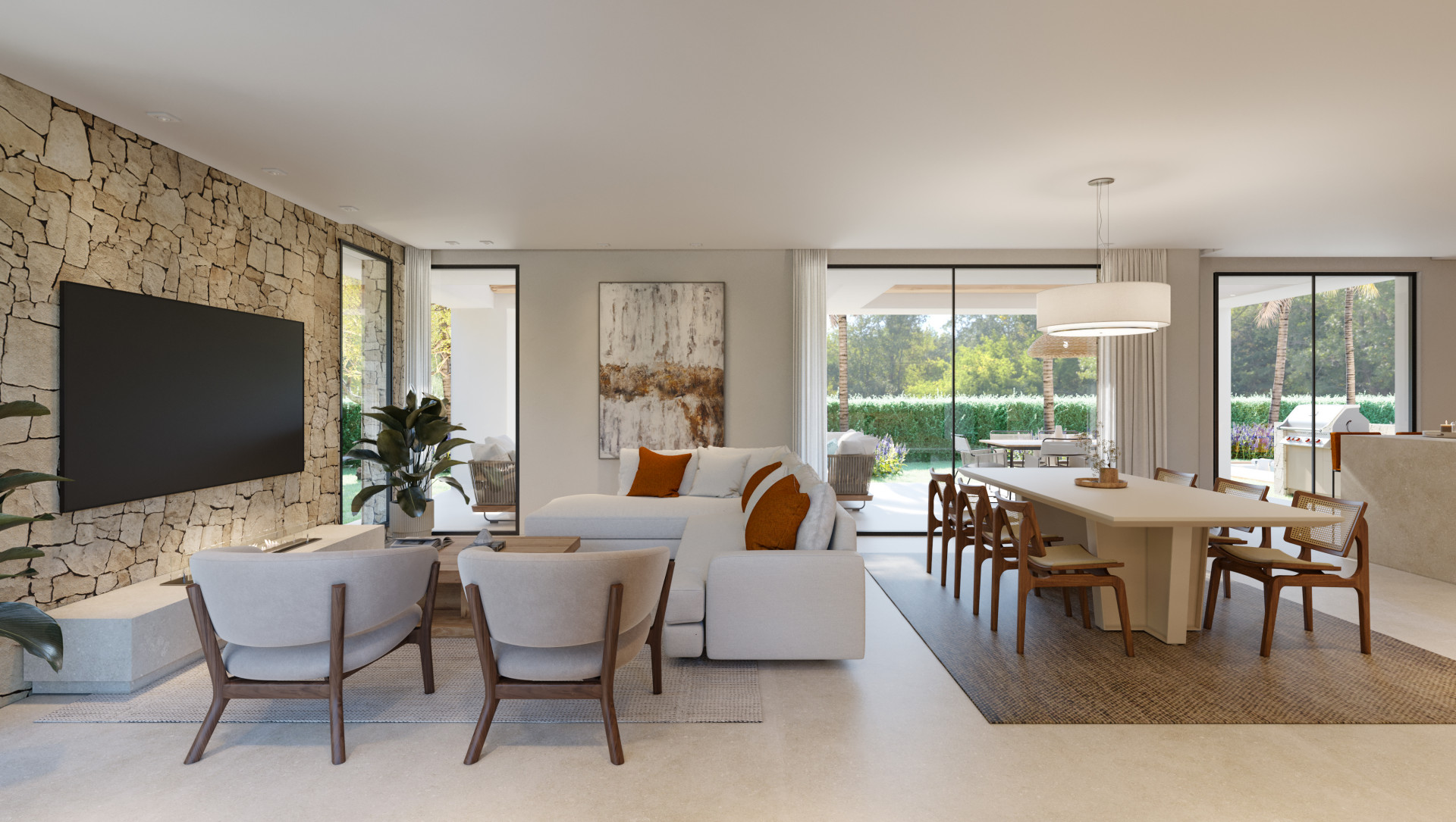 Amplio salón-comedor de planta abierta con pared de piedra, mobiliario moderno y acceso directo al jardín a través de grandes puertas de cristal. Amplio salón-comedor de planta abierta con pared de piedra, mobiliario moderno y acceso directo al jardín a través de grandes puertas de cristal.