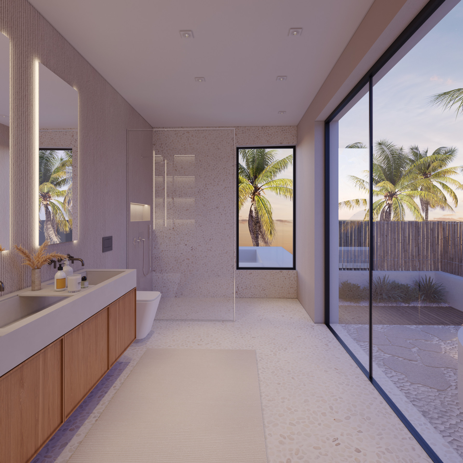 Baño moderno con doble lavabo de madera, ducha con mampara de cristal y suelo de guijarros. Grandes ventanales ofrecen vistas a un patio privado con palmeras. Baño moderno con doble lavabo de madera, ducha con mampara de cristal y suelo de guijarros. Grandes ventanales ofrecen vistas a un patio privado con palmeras.