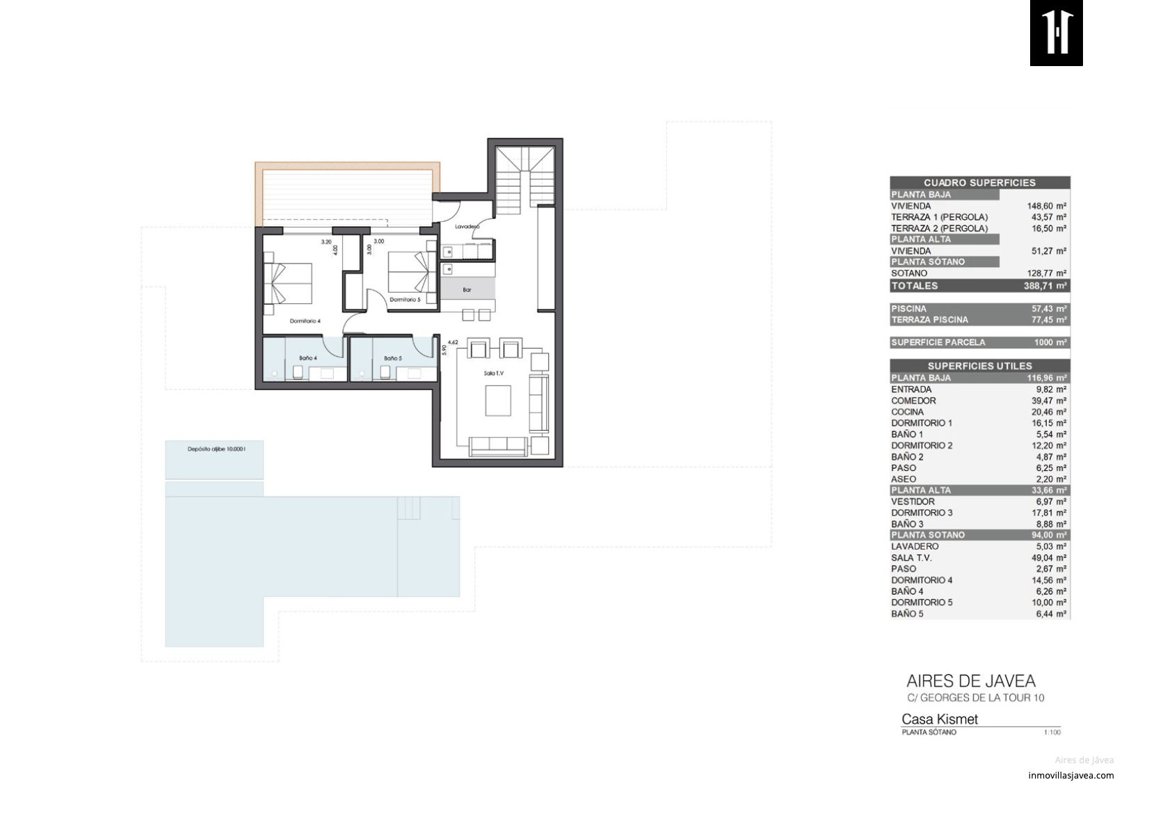 Detallado plano de la planta sótano de Casa Kismet, mostrando sala de TV, bar, lavadero, dormitorios 4 y 5 con sus baños, y un depósito de aljibe exterior. Detallado plano de la planta sótano de Casa Kismet, mostrando sala de TV, bar, lavadero, dormitorios 4 y 5 con sus baños, y un depósito de aljibe exterior.