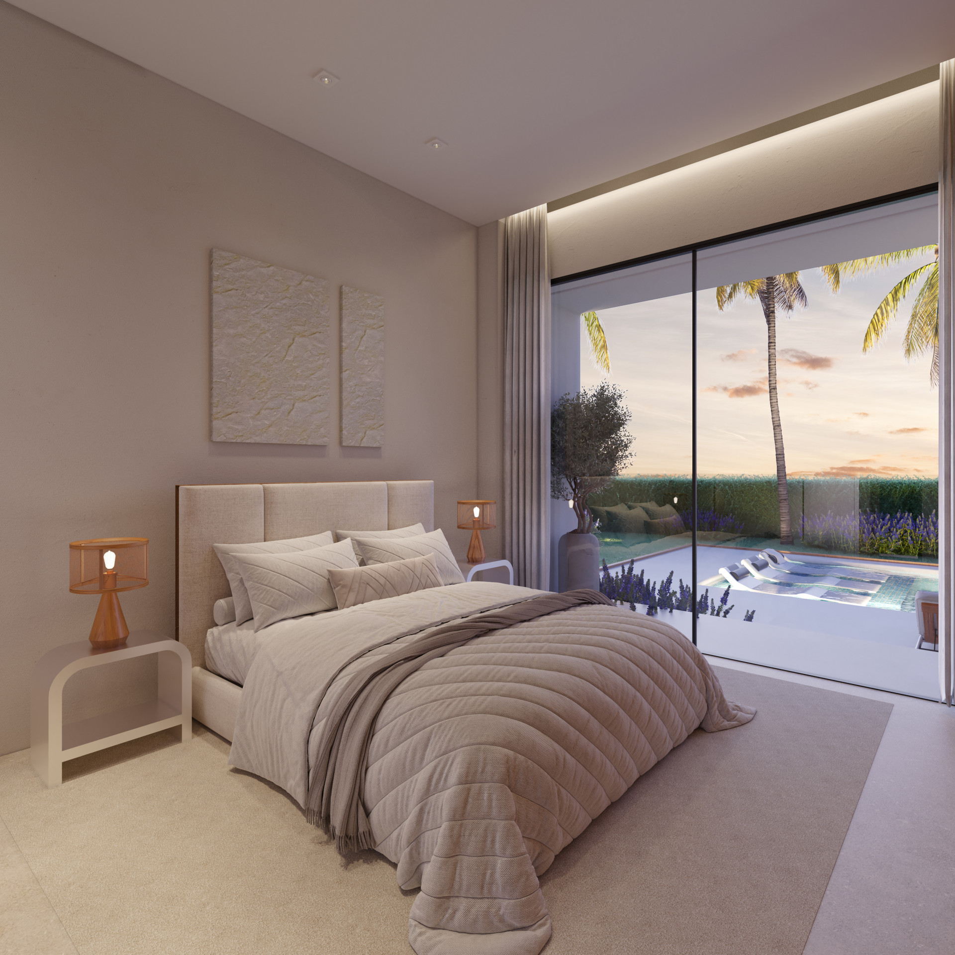 Dormitorio principal con cama de diseño, mesitas minimalistas y acceso directo a la piscina privada. Vistas al atardecer, palmeras y jardín mediterráneo. Dormitorio principal con cama de diseño, mesitas minimalistas y acceso directo a la piscina privada. Vistas al atardecer, palmeras y jardín mediterráneo.
