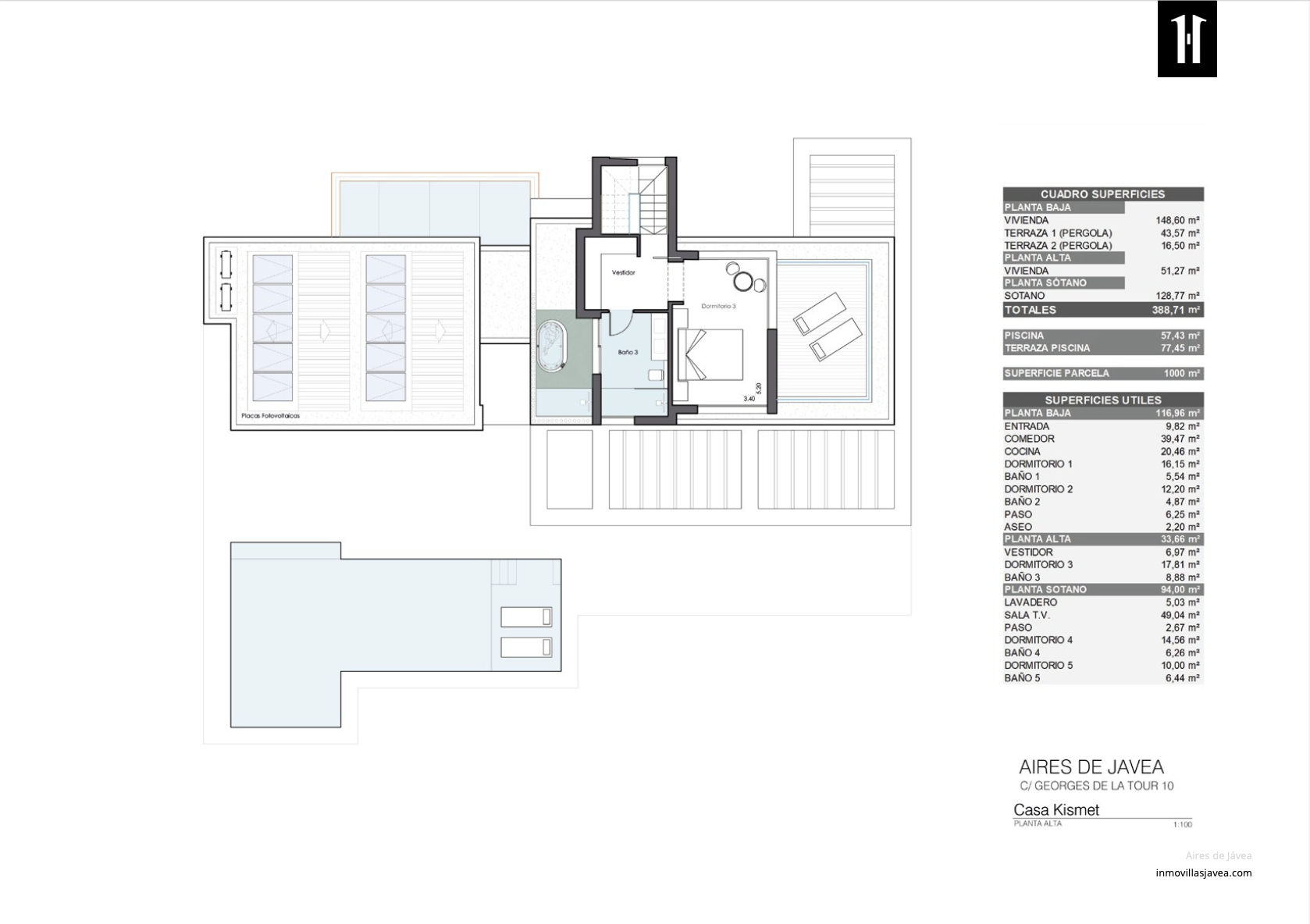 Plano de la planta alta con dormitorio 3, vestidor y baño 3 con bañera. Incluye terraza con solárium, piscina y paneles fotovoltaicos. Plano de la planta alta con dormitorio 3, vestidor y baño 3 con bañera. Incluye terraza con solárium, piscina y paneles fotovoltaicos.