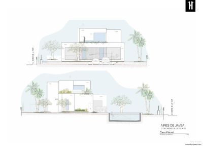Alzado lateral de la villa moderna con aparcamiento integrado y detalles de paisajismo. La piscina se muestra en el alzado inferior.