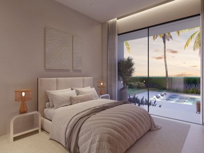 Dormitorio principal con cama de diseño, mesitas minimalistas y acceso directo a la piscina privada. Vistas al atardecer, palmeras y jardín mediterráneo.