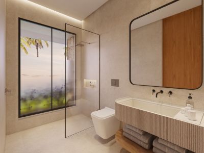 Moderno baño con ducha de cristal y vistas a palmeras. Cuenta con un tocador de diseño con textura acanalada, lavabo integrado y grifería negra empotrada, complementado por iluminación ambiental.