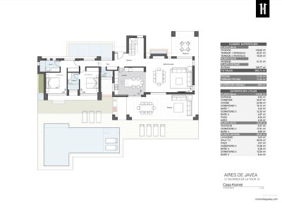 Plano arquitectónico detallado de la planta baja de la villa, mostrando una distribución espaciosa con salón-comedor, cocina, dormitorios, baños, piscina y pérgolas.