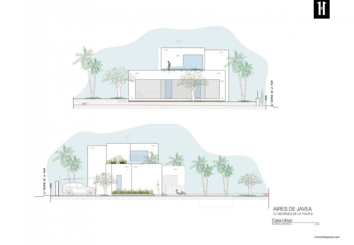 Alzados laterales de una villa moderna con diseño de líneas limpias, grandes ventanales y paisajismo mediterráneo integrado. Alzados laterales de una villa moderna con diseño de líneas limpias, grandes ventanales y paisajismo mediterráneo integrado.
