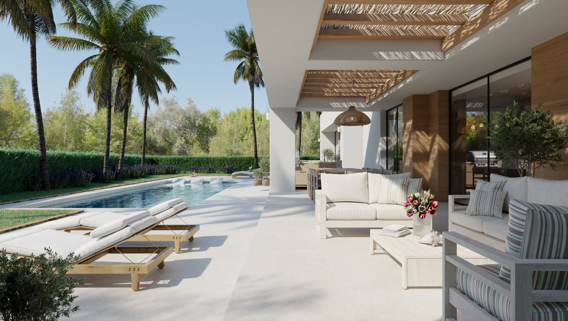 Amplia terraza exterior con piscina privada y tumbonas, zona de estar bajo pérgola de lamas de madera y exuberantes palmeras. Amplia terraza exterior con piscina privada y tumbonas, zona de estar bajo pérgola de lamas de madera y exuberantes palmeras.