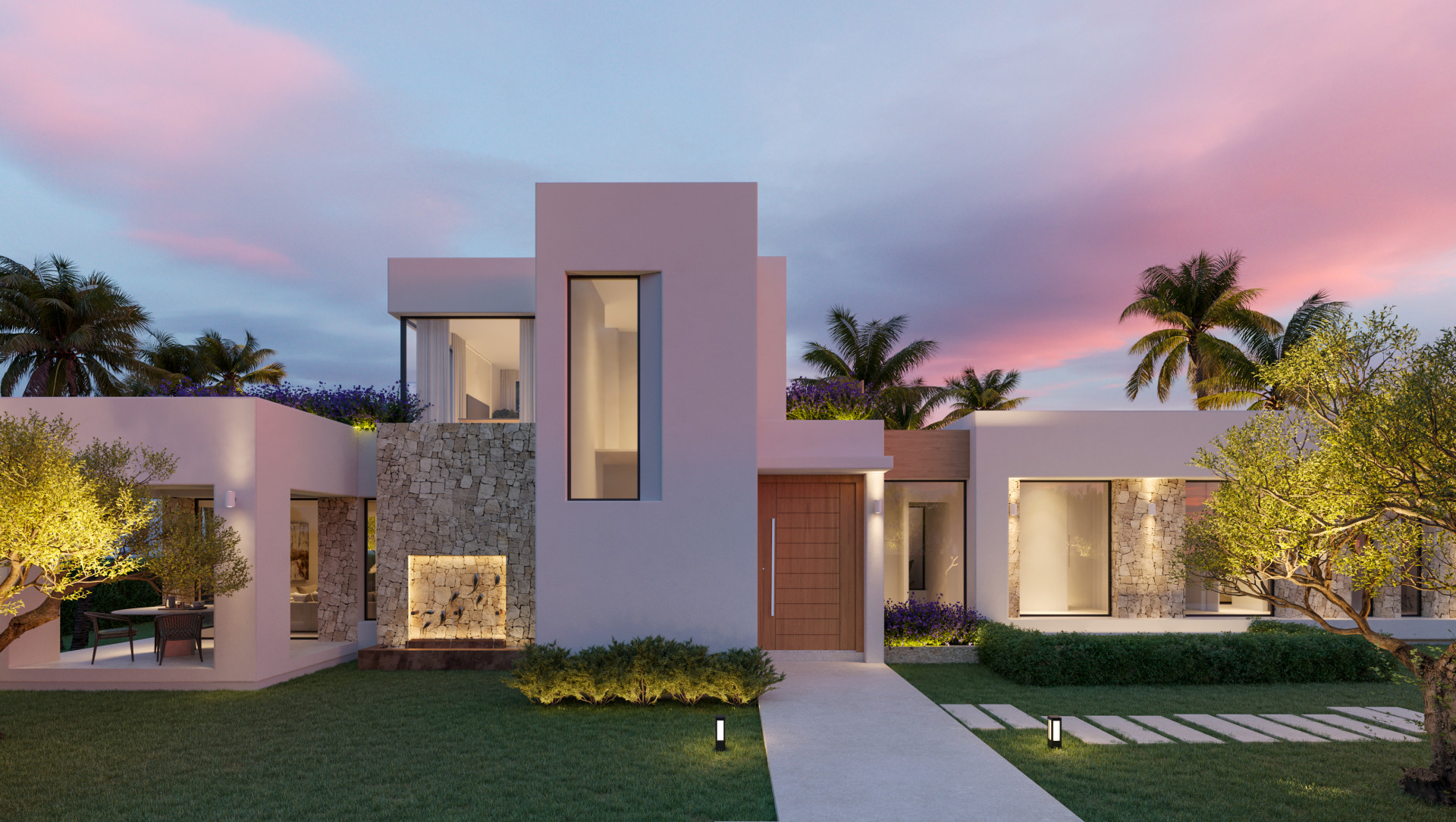 Fachada moderna de villa al atardecer con paredes blancas, revestimiento de piedra natural, puerta de madera e iluminación exterior destacando una fuente. Fachada moderna de villa al atardecer con paredes blancas, revestimiento de piedra natural, puerta de madera e iluminación exterior destacando una fuente.