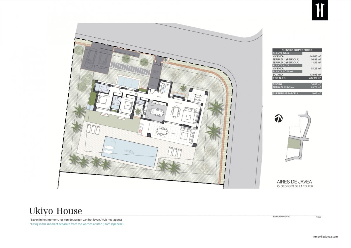 Plano de planta baja detallado de la villa, revelando la distribución de espacios interiores, piscina privada, terrazas y zonas ajardinadas con aparcamiento. Plano de planta baja detallado de la villa, revelando la distribución de espacios interiores, piscina privada, terrazas y zonas ajardinadas con aparcamiento.