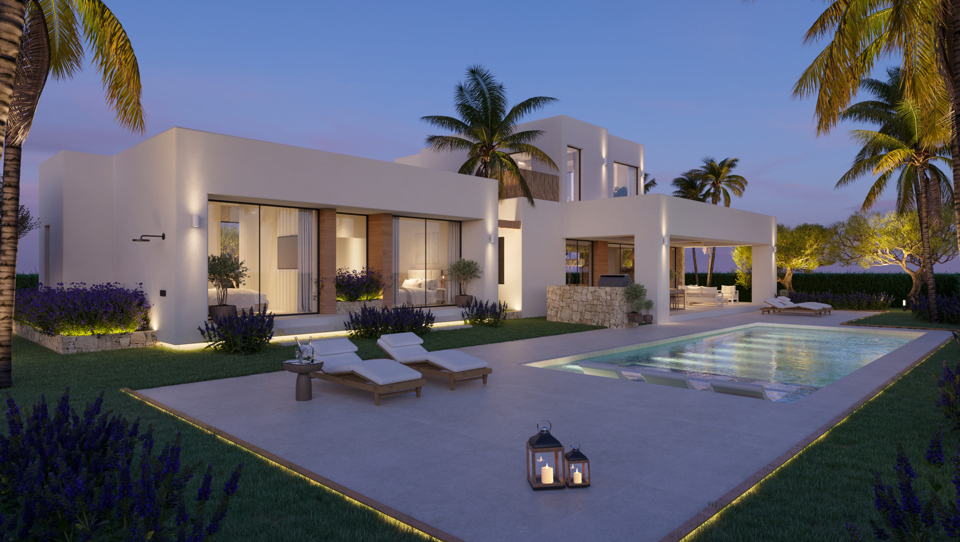 Vista nocturna de la villa moderna con piscina iluminada, terraza con tumbonas y jardín paisajístico con palmeras y lavanda. Destaca la zona cubierta de comedor y barbacoa de piedra. Vista nocturna de la villa moderna con piscina iluminada, terraza con tumbonas y jardín paisajístico con palmeras y lavanda. Destaca la zona cubierta de comedor y barbacoa de piedra.