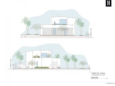 Alzados laterales de una villa moderna con diseño de líneas limpias, grandes ventanales y paisajismo mediterráneo integrado.