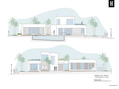 Plano arquitectónico de la villa moderna, destacando su diseño minimalista con amplios ventanales, piscina privada integrada y fachadas con detalles de piedra natural.
