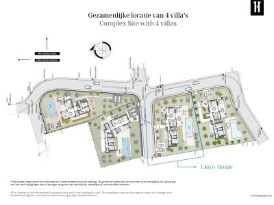 Plano del complejo de cuatro villas de lujo, cada una con piscina y jardín, ubicado estratégicamente cerca del Mar Mediterráneo en Jávea. Detalla la distribución de Ukiyo House.