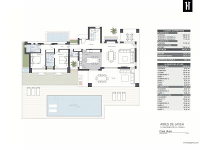 Plano detallado de la planta baja de la villa, mostrando salones, cocina abierta, dos dormitorios, dos baños y exteriores con piscina privada y terrazas.