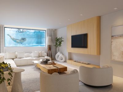 Salón moderno con sofá seccional, una ventana submarina única que revela una piscina y un panel de madera con TV y chimenea lineal integradas.