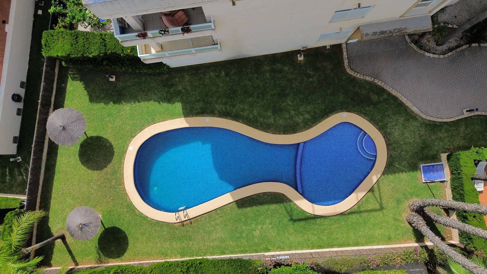 Vista aérea de la piscina con forma orgánica y césped bien cuidado, sombrillas de paja y vegetación exuberante.