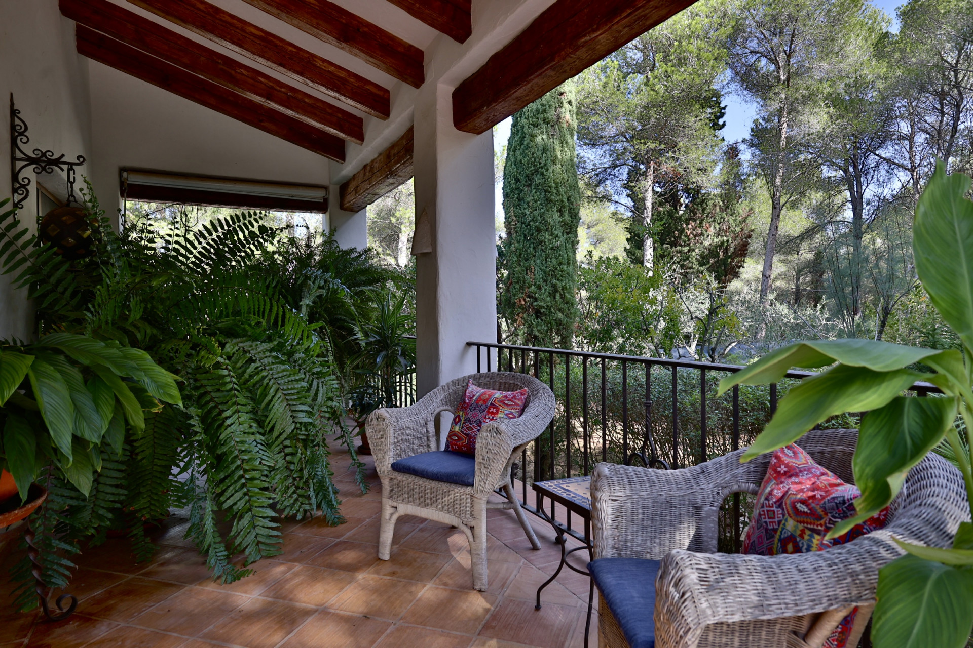 Terraza cubierta con suelo de terracota, vigas de madera y mobiliario de mimbre. Rodeada de plantas frondosas, ofrece vistas a un denso bosque de pinos. Terraza cubierta con suelo de terracota, vigas de madera y mobiliario de mimbre. Rodeada de plantas frondosas, ofrece vistas a un denso bosque de pinos.
