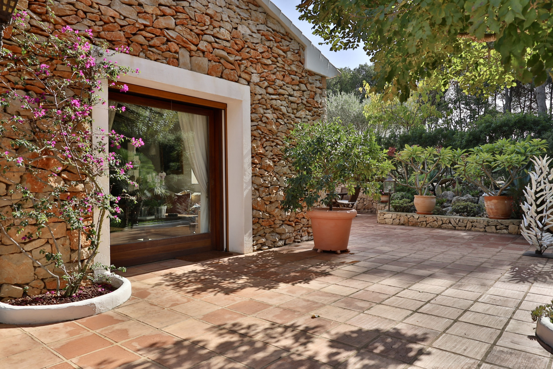 Terraza exterior con suelo de terracota y fachada de piedra seca, enmarcando una puerta acristalada de madera. Una bougainvillea en flor y plantas mediterráneas adornan el jardín soleado. Terraza exterior con suelo de terracota y fachada de piedra seca, enmarcando una puerta acristalada de madera. Una bougainvillea en flor y plantas mediterráneas adornan el jardín soleado.