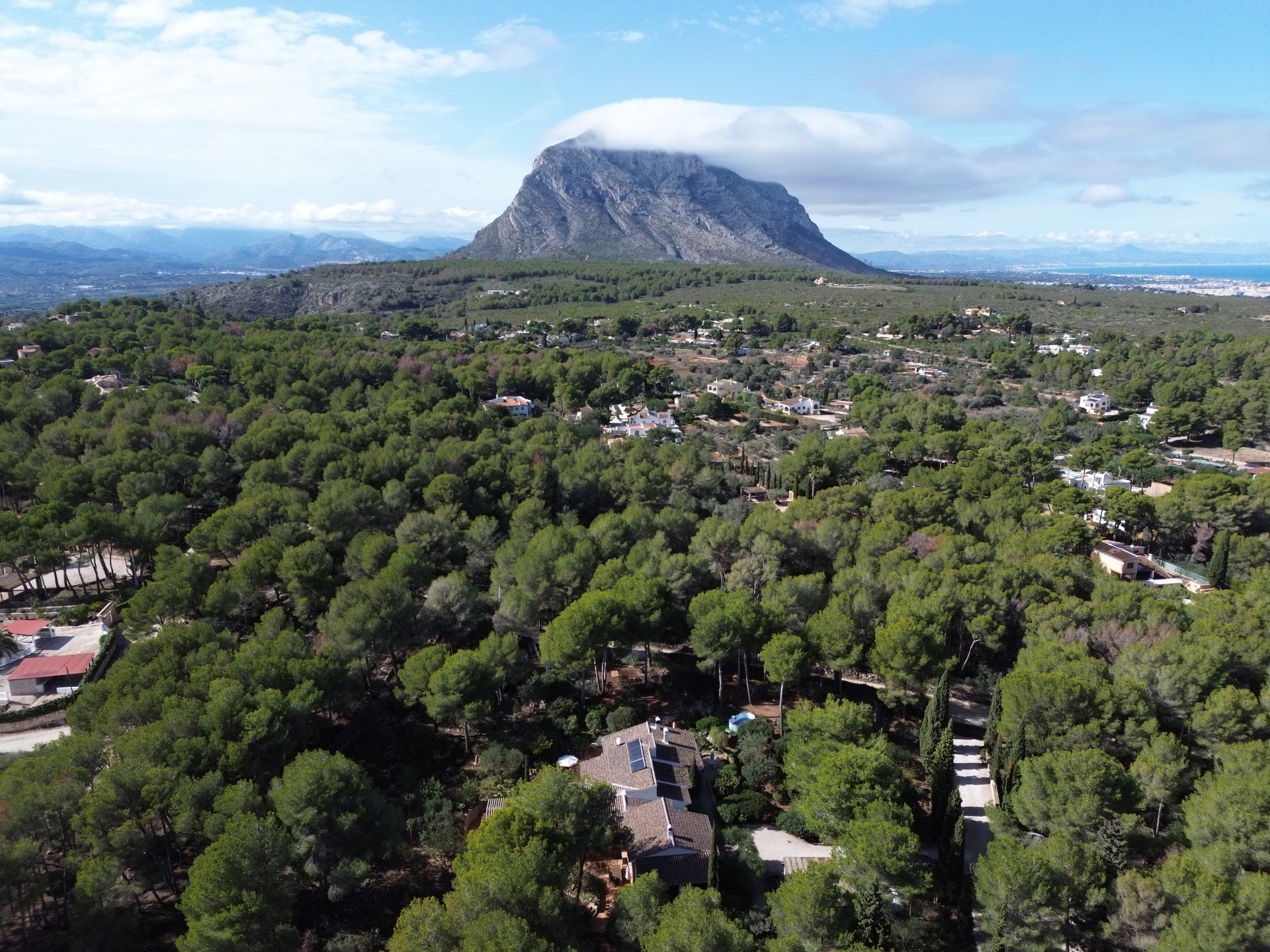 Vista aérea de la villa integrada en un denso bosque de pinos, con el Montgó y la costa de Jávea al fondo. Vista aérea de la villa integrada en un denso bosque de pinos, con el Montgó y la costa de Jávea al fondo.