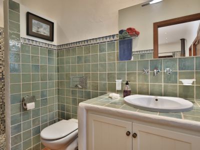 Baño funcional con paredes de azulejos verdes, lavabo integrado en mueble blanco y ducha con mosaicos azules y blancos.