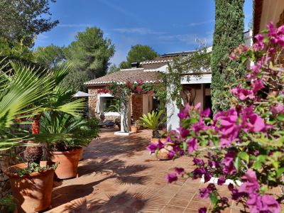 Patio exterior con baldosas de terracota y muros de piedra, enmarcado por exuberante vegetación mediterránea, incluyendo palmeras en macetas y buganvillas en flor.