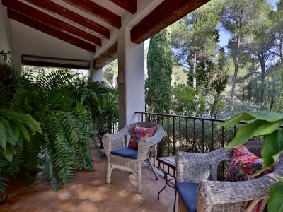 Terraza cubierta con suelo de terracota, vigas de madera y mobiliario de mimbre. Rodeada de plantas frondosas, ofrece vistas a un denso bosque de pinos.