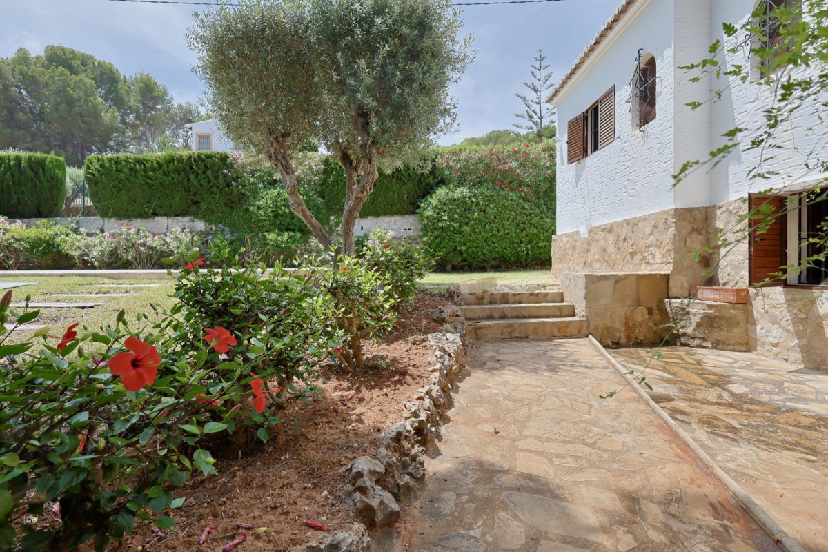 Lateral de la villa con fachada blanca y zócalo de piedra. Un patio de losas conduce a escalones de piedra, rodeado por un jardín con hibiscos rojos y un olivo. Lateral de la villa con fachada blanca y zócalo de piedra. Un patio de losas conduce a escalones de piedra, rodeado por un jardín con hibiscos rojos y un olivo.
