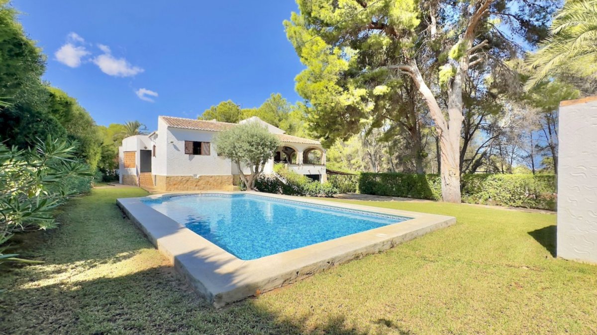 Piscina rectangular con azulejos azules, rodeada de césped verde bien cuidado y una villa blanca con terraza cubierta, enmarcada por pinos y olivos. Piscina rectangular con azulejos azules, rodeada de césped verde bien cuidado y una villa blanca con terraza cubierta, enmarcada por pinos y olivos.