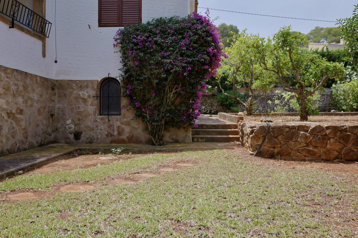 Rincón exterior con fachada de piedra y pared blanca, adornado con una bougainvillea morada. Ventana arqueada con reja y escalones de piedra que conducen al jardín. Rincón exterior con fachada de piedra y pared blanca, adornado con una bougainvillea morada. Ventana arqueada con reja y escalones de piedra que conducen al jardín.