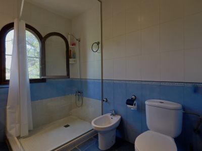 Baño con ducha, bidé y retrete, destacando azulejos blancos y azules. Ventanas arqueadas de madera ofrecen luz natural y vistas al exterior.