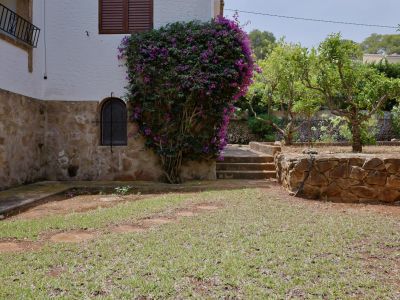 Rincón exterior con fachada de piedra y pared blanca, adornado con una bougainvillea morada. Ventana arqueada con reja y escalones de piedra que conducen al jardín.