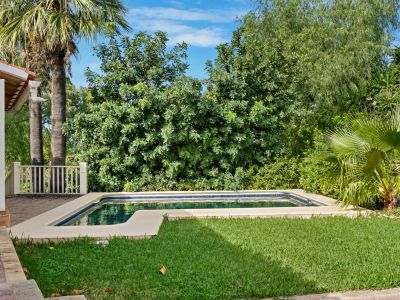 Piscina privada rectangular con césped verde y exuberante vegetación, junto a una terraza cubierta con pilares blancos.