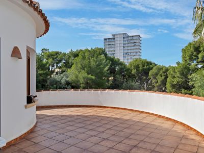Terraza exterior curva con suelo de baldosas de terracota y un murete blanco coronado con tejas tradicionales. Rodeada de árboles verdes y un edificio distante bajo cielo azul.