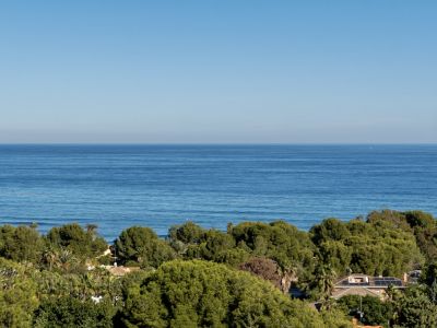 Cielo azul claro y mar Mediterráneo en calma, con vistas a un paisaje costero verde con densos árboles y tejados residenciales con paneles solares.