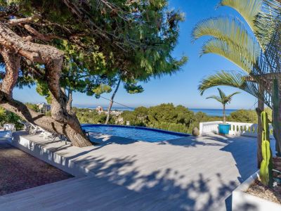 Terraza con piscina infinita de azulejos claros, enmarcada por un pino maduro y balaustrada blanca. Ofrece vistas panorámicas al mar y tumbonas.