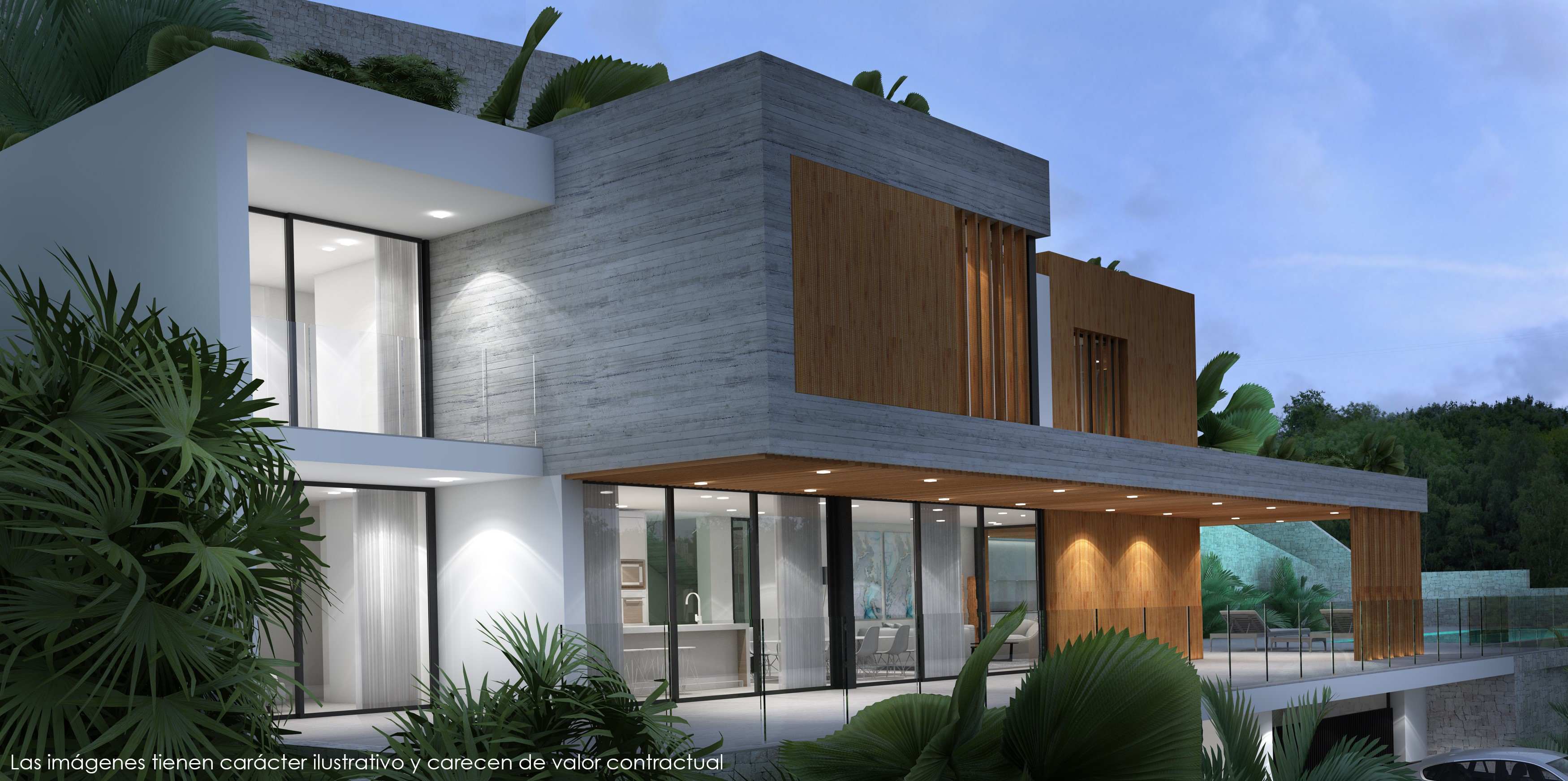 Fachada de diseño contemporáneo que combina hormigón visto, paneles de madera y amplios ventanales, con iluminación empotrada y vegetación integrada.