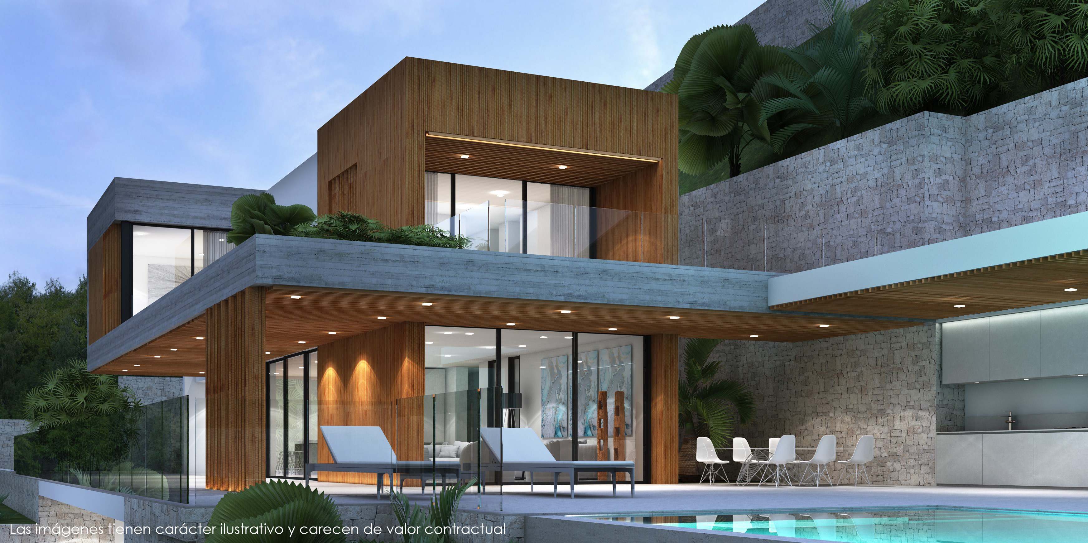 Fachada exterior con revestimiento de madera y hormigón visto, integrando una terraza con piscina, zona de comedor exterior y muros de mampostería de piedra caliza.