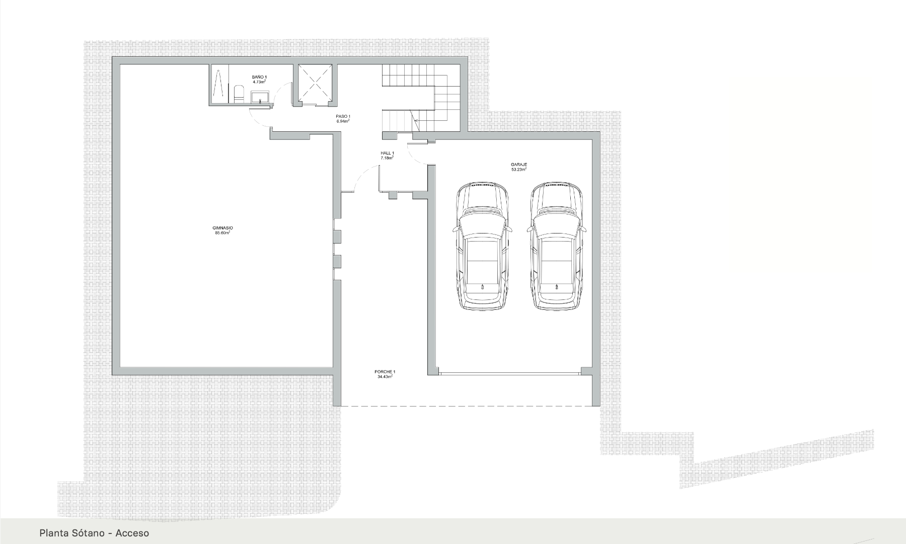 Plano de la planta sótano que incluye un garaje para dos vehículos, un amplio espacio de 85 m² para gimnasio, un baño y acceso por escaleras y ascensor.