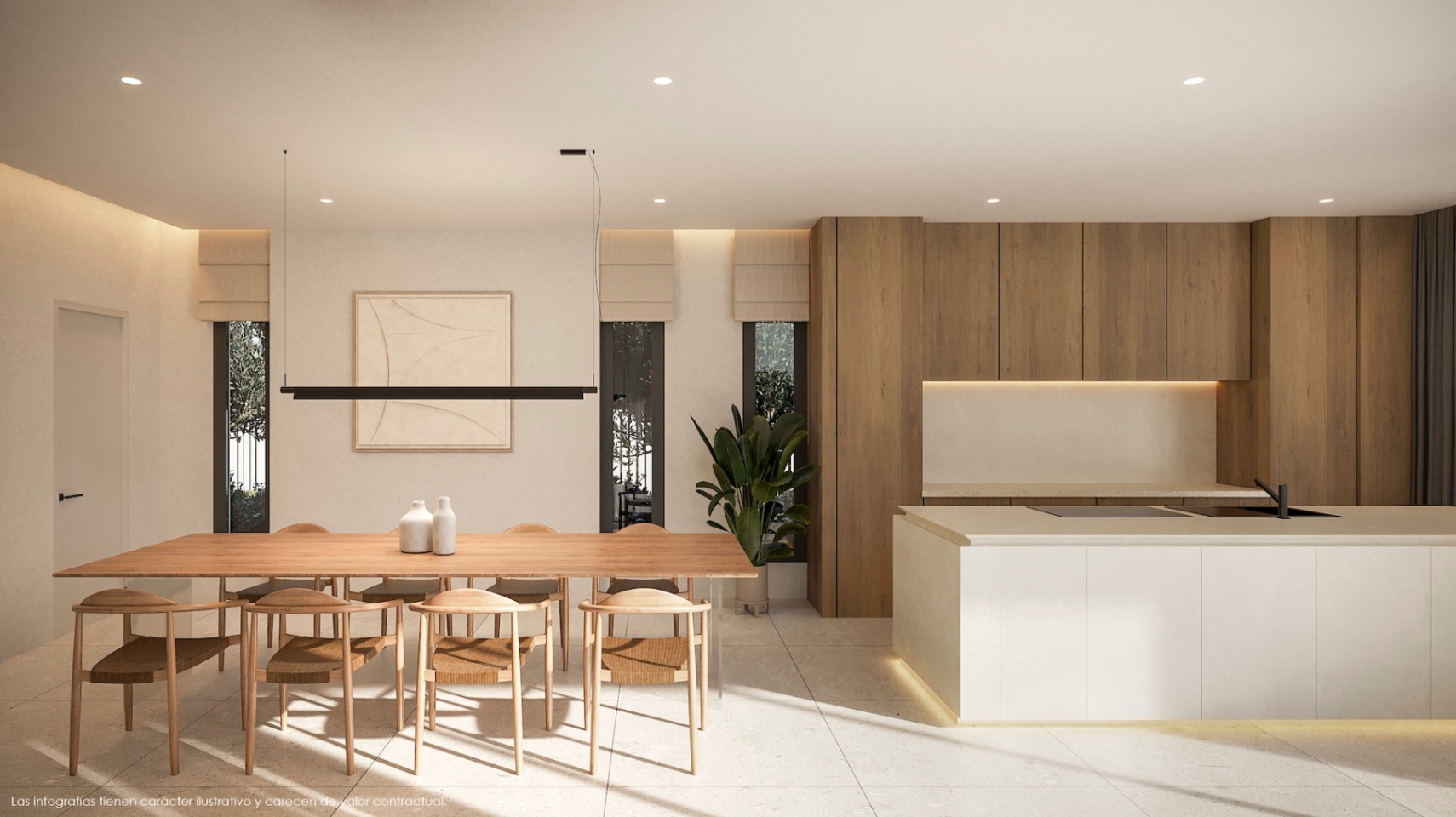 Comedor moderno con mesa de madera clara y sillas de diseño, junto a una cocina con isla blanca y armarios de madera.
