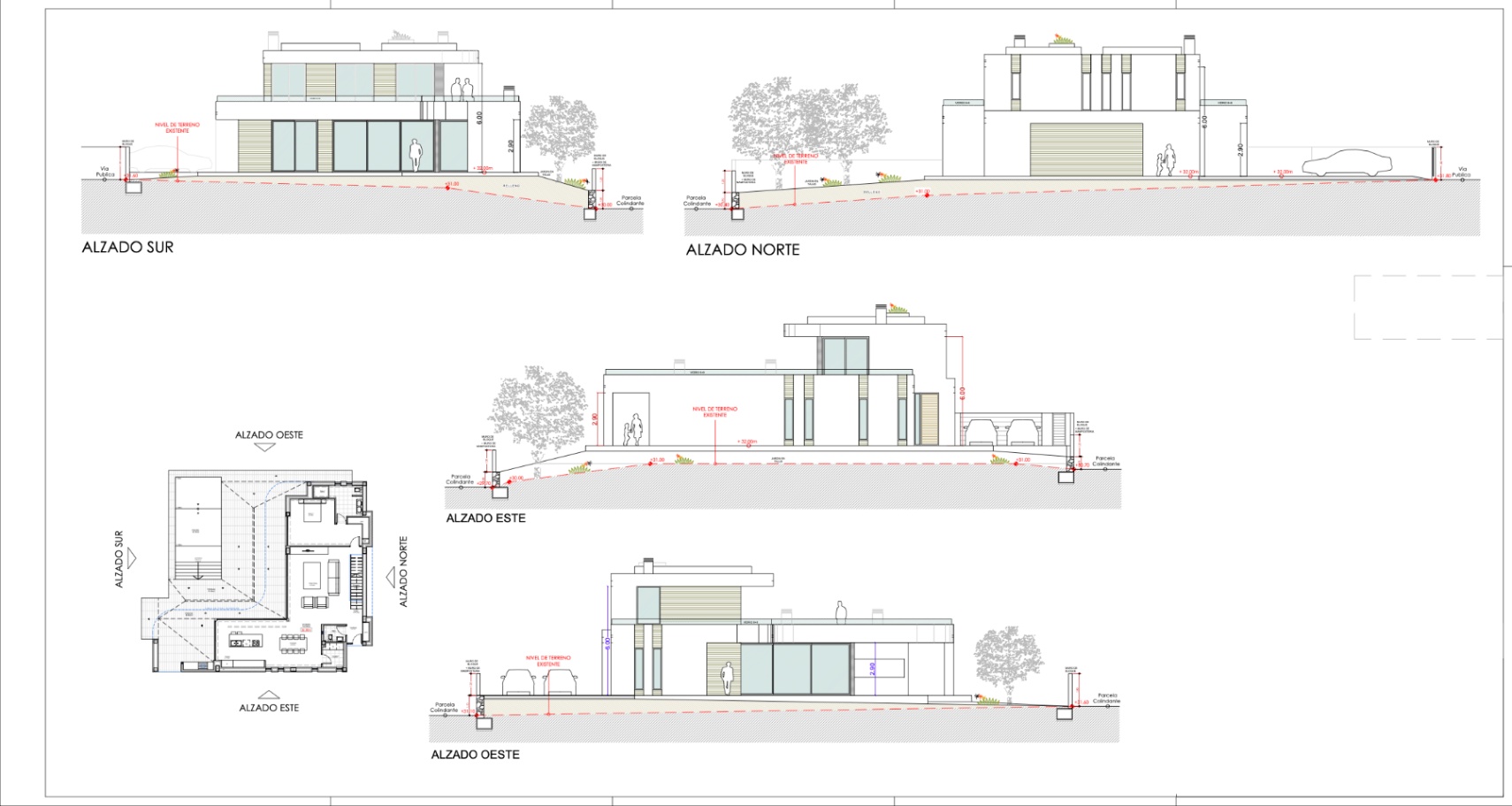 Planos arquitectónicos de alzado de una villa moderna de dos pisos con amplias ventanas y distribución del terreno.
