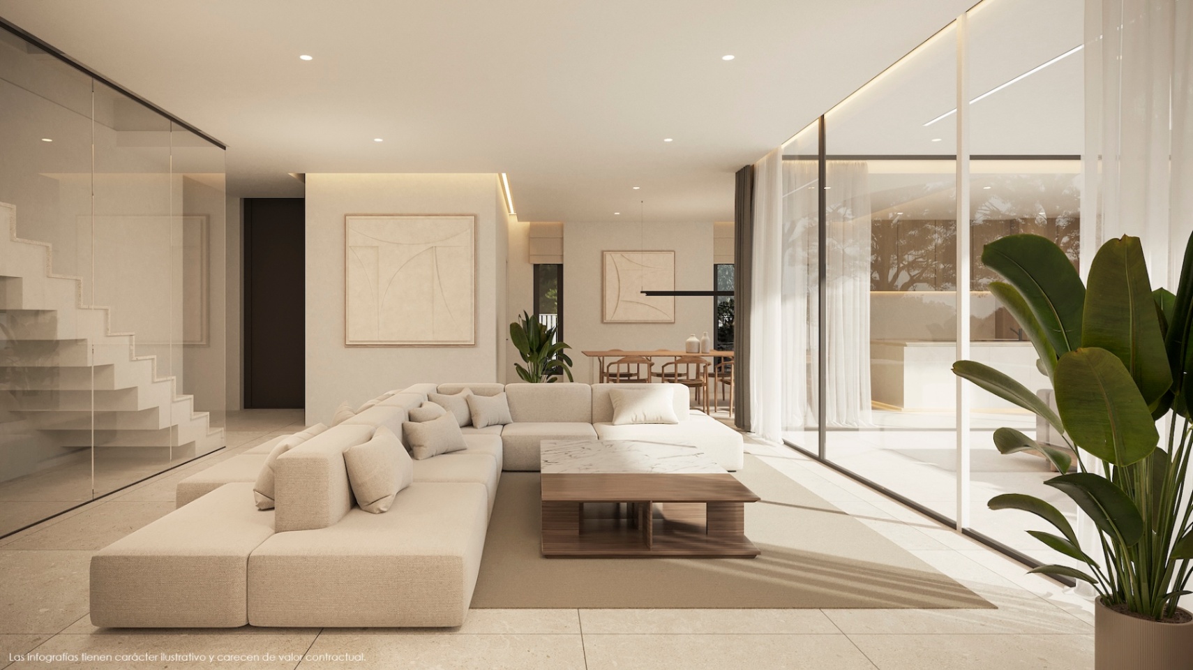 Salón luminoso con sofá modular beige, mesa de centro de madera y acceso a escalera con cristal.