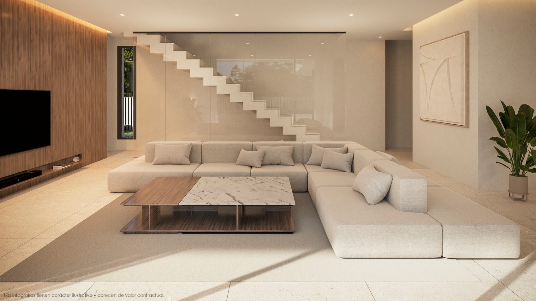 Salón moderno con sofá modular beige, mesa de centro de mármol y escalera flotante.