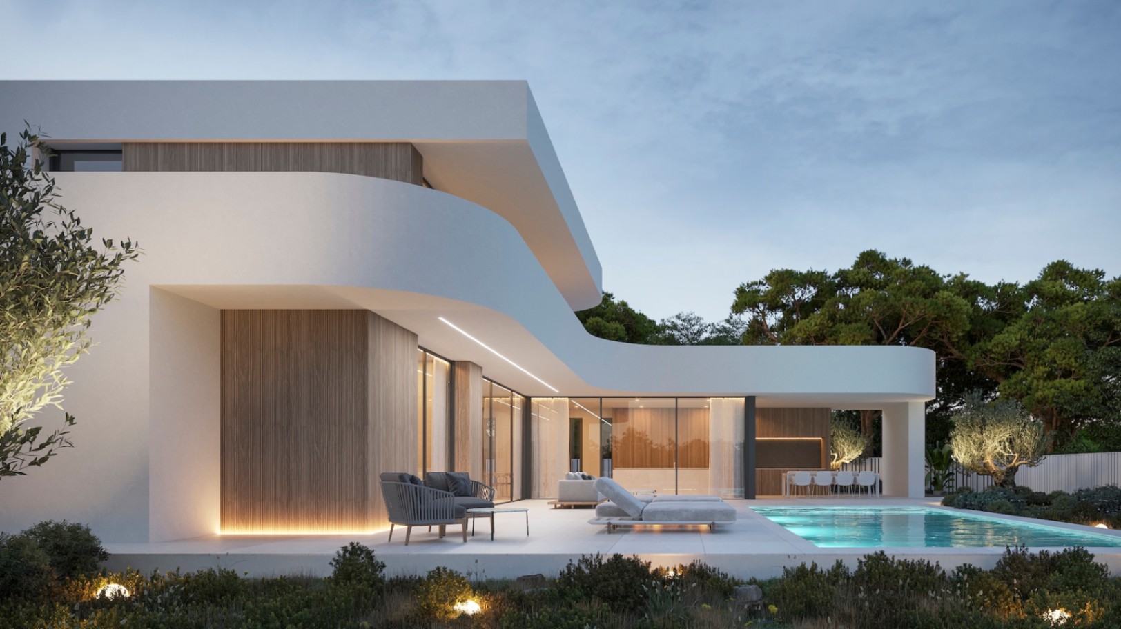 Vista exterior de la villa moderna con piscina iluminada, terraza con mobiliario y detalles en madera clara.