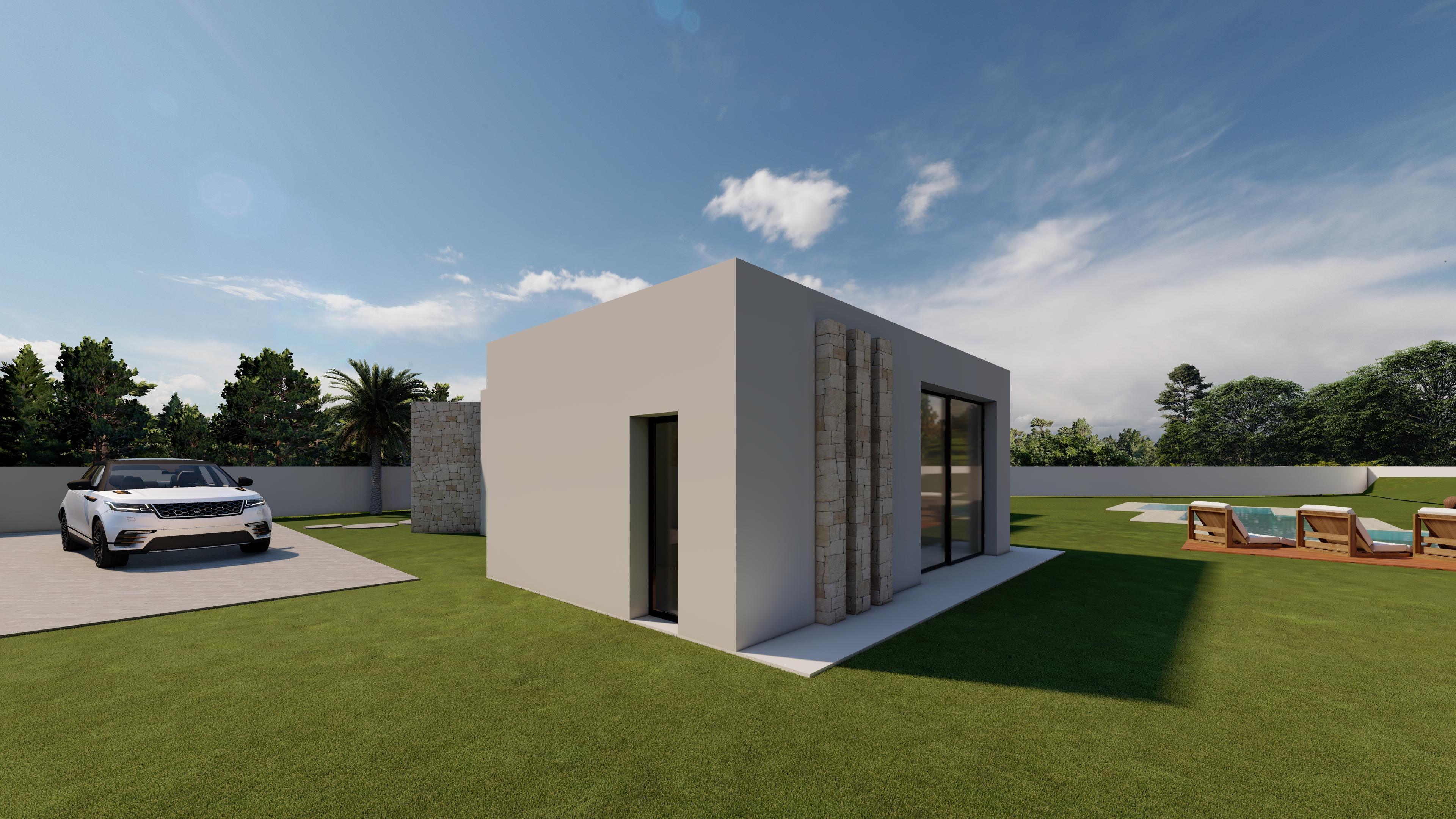 Exterior de villa moderna con fachada blanca, detalles en piedra natural, jardín de césped, piscina con solárium de madera y zona de aparcamiento privada.